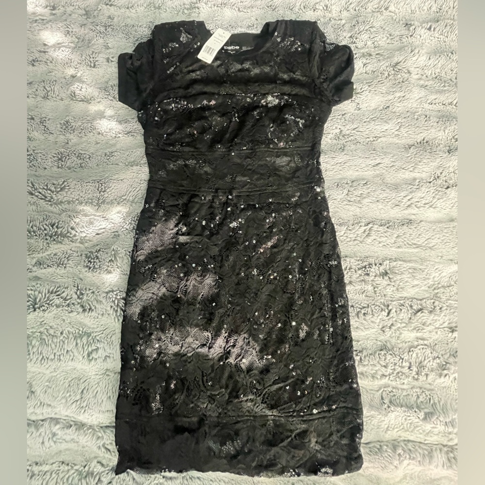 Bebe L/s Lace Tee Dress Jet Black